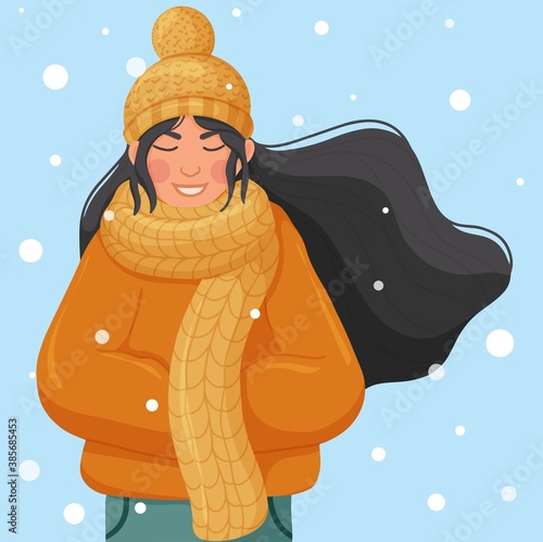 Cute girl in warm jacket, scarf and hat. Happy winter holidays. Vector illustration.