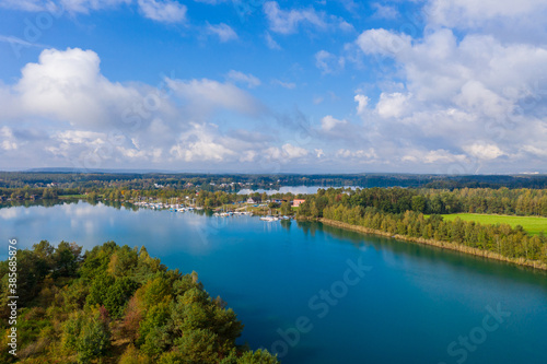 Lake landscape with sailing boats in the Bavarian Forest in the Upper Palatinate from a bird s eye view - drone image