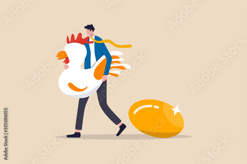 Golden egg, precious high return investment or success retirement planning with dividend concept, happy businessman investor or office salary guy holding big white hen with precious golden egg.