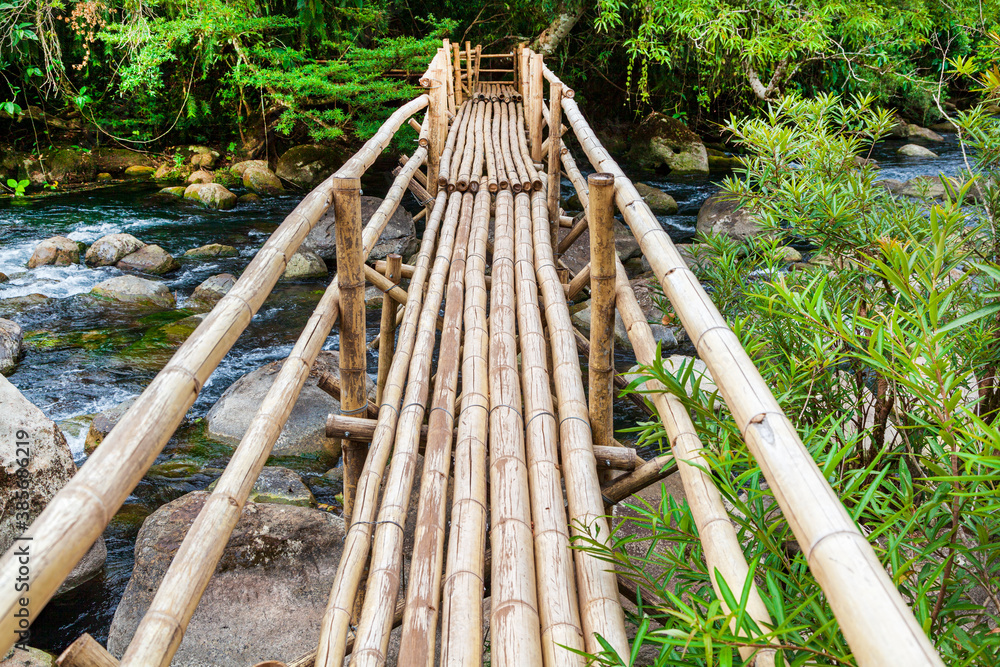 Bamboo bridge over the river in Unknown source Bamboo bridge over the river in Unknown source
