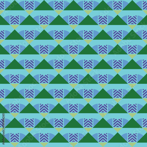 Vector seamless pattern texture background with geometric shapes, colored in green, purple, blue colors.