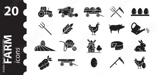 Farm icon set negative. Symbols of animals, plants, tractor, harvester, barn on an isolated white background. Vector illustration in flat style.
