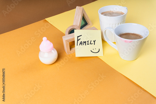 Drink for breakfast for family with milk bottle and two coffee cups.