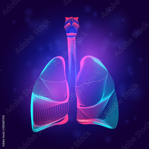 Human lungs medical structure. Outline vector illustration of body part organ anatomy in 3d line art style on neon abstract background