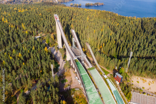 Aerial view of Lahti sports centre with three ski jump towers. photo