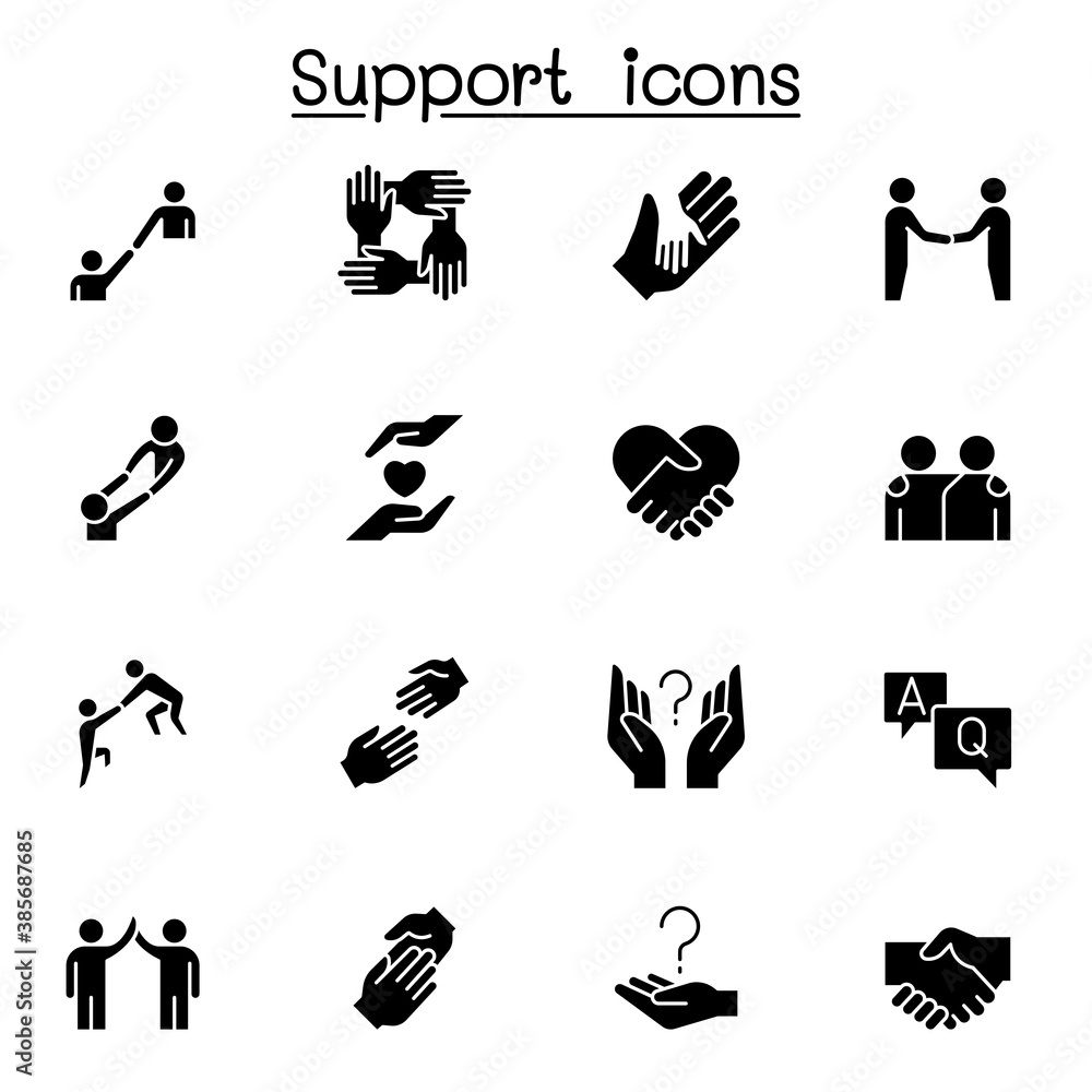 Care, support and sympathize icon set in glyph style