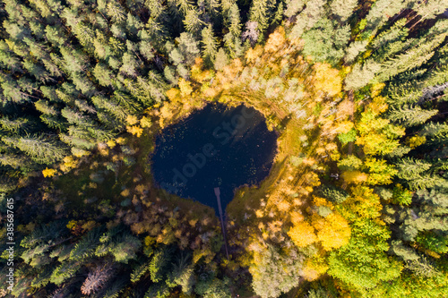 Aerial view of small forest lake Haransilma in Lahti, Finland. The diameter of lake is about 50 meters. photo