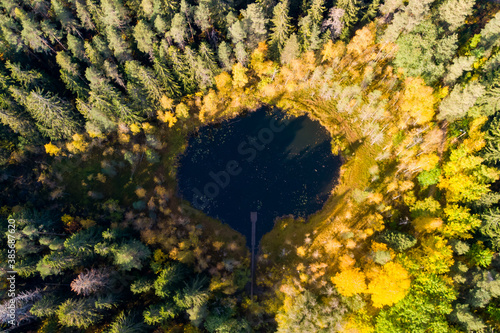 Aerial view of small forest lake Haransilma in Lahti, Finland. The diameter of lake is about 50 meters. photo