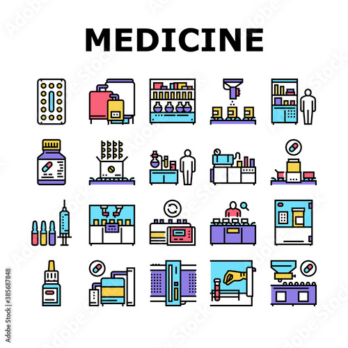 Medical Drugs Production Factory Icons Set Vector. Pharmaceutical Production Medicine Production Machine And Equipment Collection Concept Linear Pictograms. Color Contour Illustrations