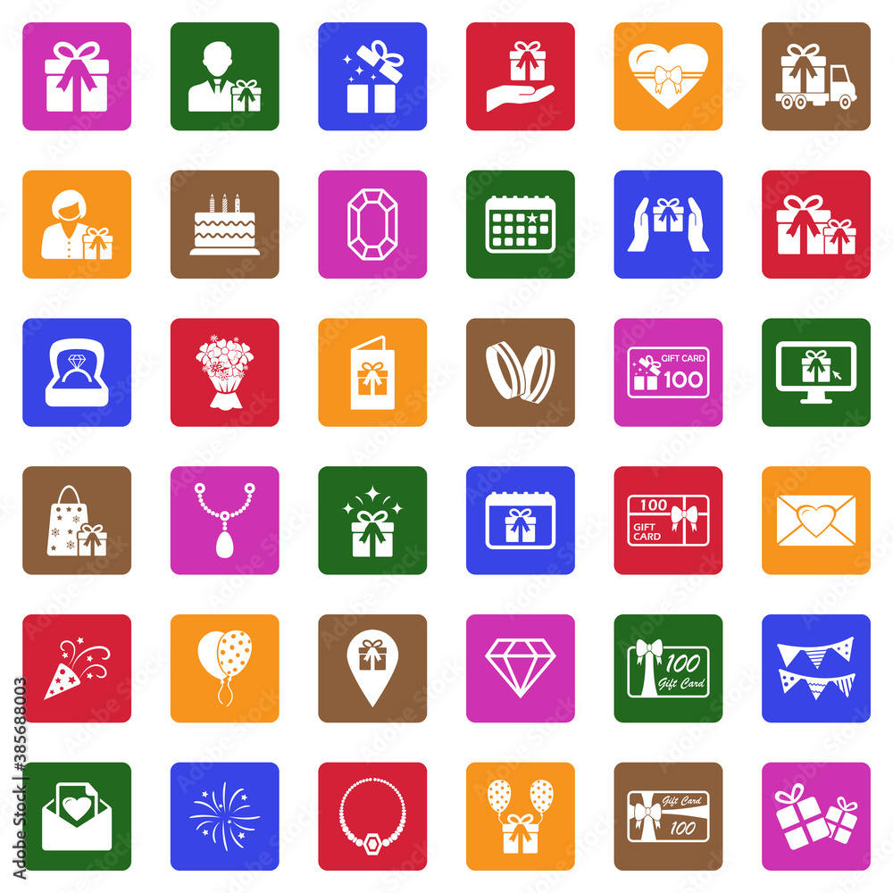 Gift And Surprise Icons. White Flat Design In Square. Vector Illustration. Gift And Surprise Icons. White Flat Design In Square. Vector Illustration.
