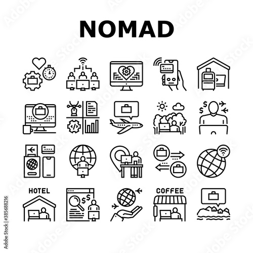 Digital Nomad Worker Collection Icons Set Vector. Freelancer Nomad Remote Work And Traveling, Working In Hotel And Coffee Cafe Black Contour Illustrations