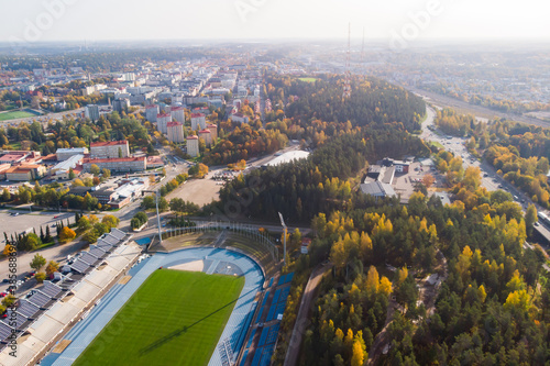 Aerial view to Lahti city and sports centre at autumn morning, Finland