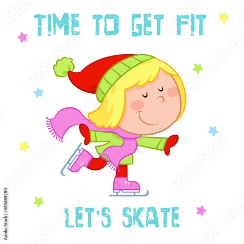 Time to get fit - Little girl and sports - Ice skating - Isolated illustration - White background 