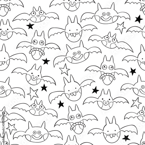 Bats. Set. Cartoon characters. Halloween person. Seamless vector pattern (background). Halloween doodle print.