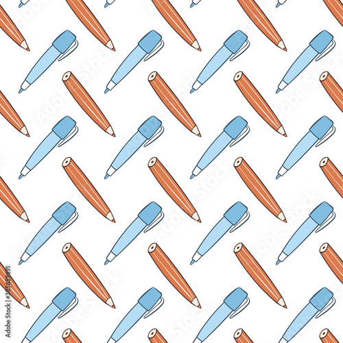 Pen and pencil. Cartoon print. Seamless vector pattern (background). © ewanew2110stock