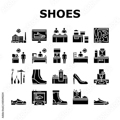 Shoes Repair Service Collection Icons Set Vector. Shoes Fixing And Production Equipment, Factory And Packaging, Design And Manufacturing Glyph Pictograms Black Illustrations