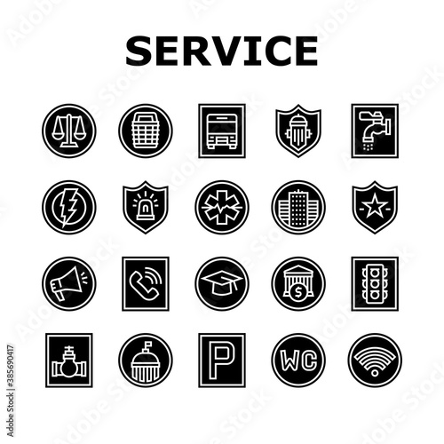 Public Service Signs Collection Icons Set Vector. Bus Stop And Parking, Police And Ambulance, Wifi Internet And Shop, Goverment And Bank Service Glyph Pictograms Black Illustrations