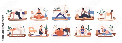 Set of diverse pregnant woman practicing yoga vector flat illustration. Collection of active future mothers doing aerobic exercise, meditating and stretching isolated. Female enjoy healthy lifestyle