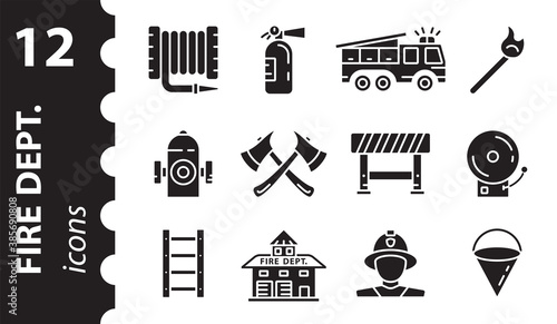 Firefighter icons set. Fire Department symbol in modern flat style. Set of Fire station signs, isolated on a white background.