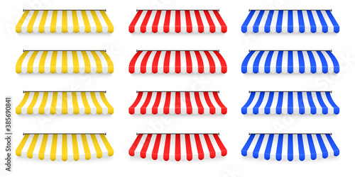 Realistic striped shop sunshade. Store awning. Roof canopy. Shop tent set. Vector illustration