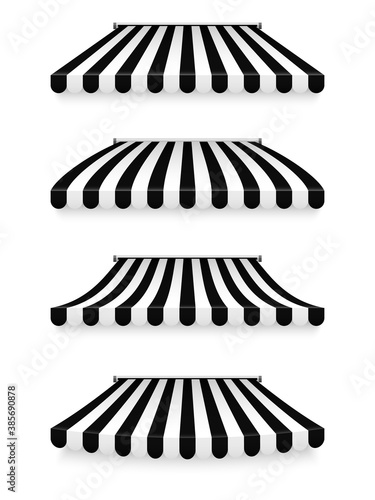 Realistic striped shop sunshade. Store awning. Roof canopy. Shop tent set. Vector illustration
