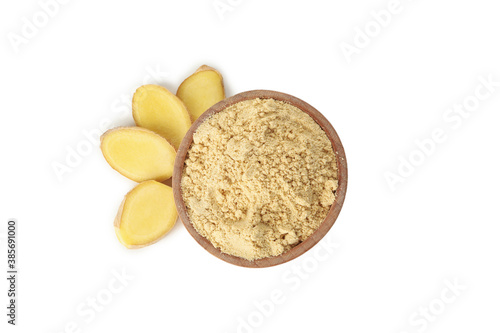 Bowl with ginger powder isolated on white background