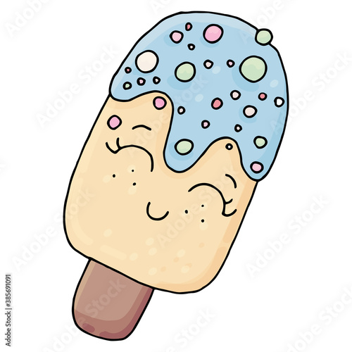 ice cream lolly - popsicle with blue icing and sprinkling, kawaii sweets, vector, cute child drawing
