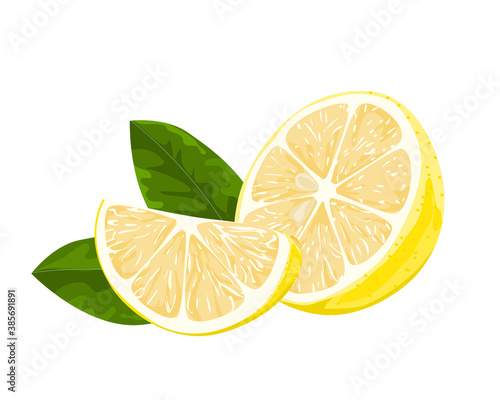 lemon and sliced lemon with leaves isolate on white background, vector illustration