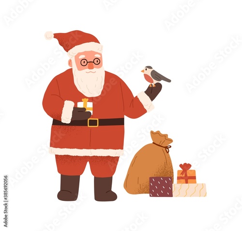 Cute bearded Santa Claus holding giftbox and bullfinch bird vector flat illus...