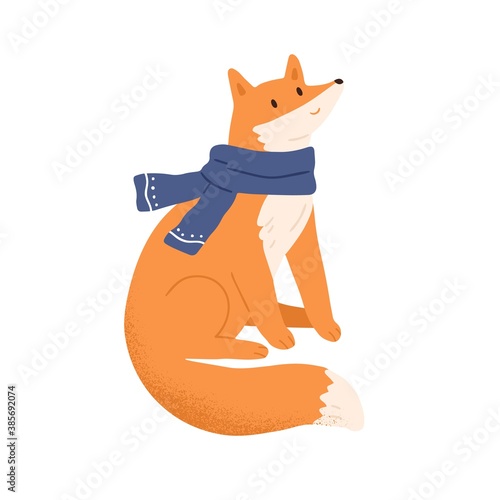 Funny fox wrapped in warm scarf vector flat illustration. Cute forest animal ...