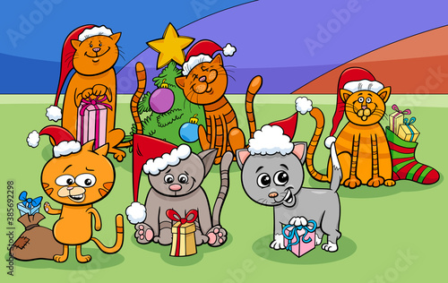 cartoon cats characters group on Christmas time