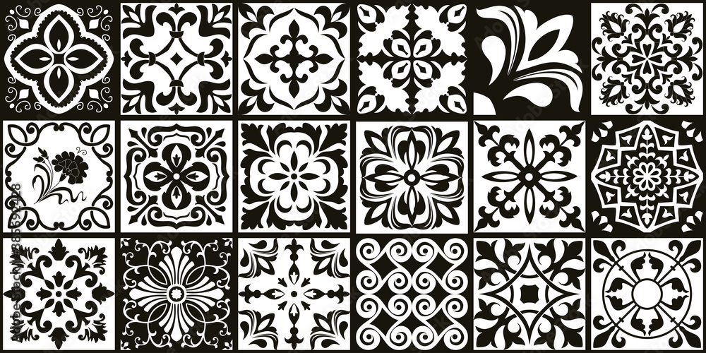 Set of 18 tiles Azulejos in black, white. Original traditional Portuguese and Spain decor. Seamless patchwork tile with Victorian motives. Ceramic tile in talavera style. Gaudi mosaic. Vector Set of 18 tiles Azulejos in black, white. Original traditional Portuguese and Spain decor. Seamless patchwork tile with Victorian motives. Ceramic tile in talavera style. Gaudi mosaic. Vector