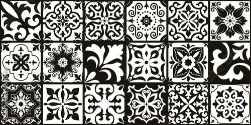 Set of 18 tiles Azulejos in black, white. Original traditional Portuguese and Spain decor. Seamless patchwork tile with Victorian motives. Ceramic tile in talavera style. Gaudi mosaic. Vector photo