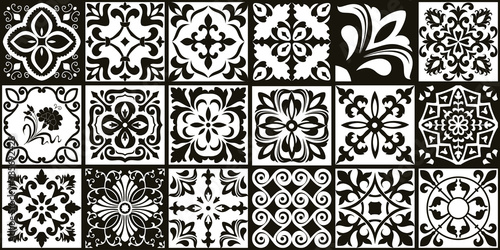 Set of 18 tiles Azulejos in black, white. Original traditional Portuguese and Spain decor. Seamless patchwork tile with Victorian motives. Ceramic tile in talavera style. Gaudi mosaic. Vector