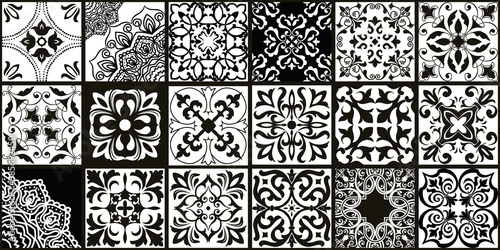 Set of 18 tiles Azulejos in black, white. Original traditional Portuguese and Spain decor. Seamless patchwork tile with Victorian motives. Ceramic tile in talavera style. Gaudi mosaic. Vector