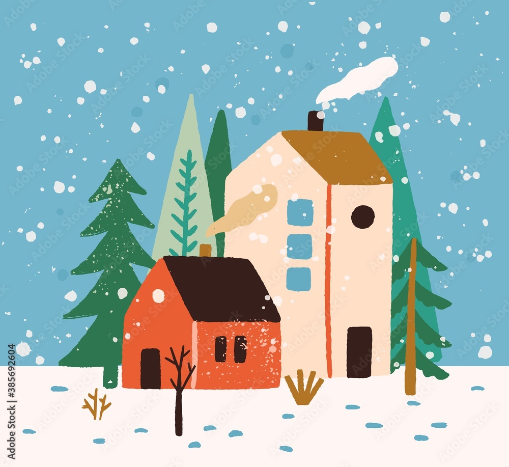 Hand drawn winter landscape with houses, trees and snowflakes vector flat illustration. Colorful rustic buildings exterior surrounded by snow and forest. Seasonal countryside scenery, wintertime mood