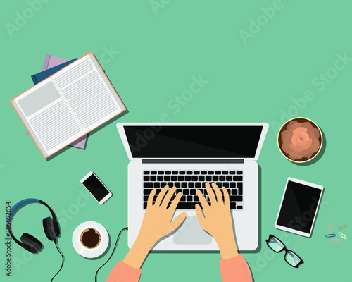 E-learning, work from home. Laptop with human hands on it, books, phone, headphones, glasses and tablet, top view. Flat style