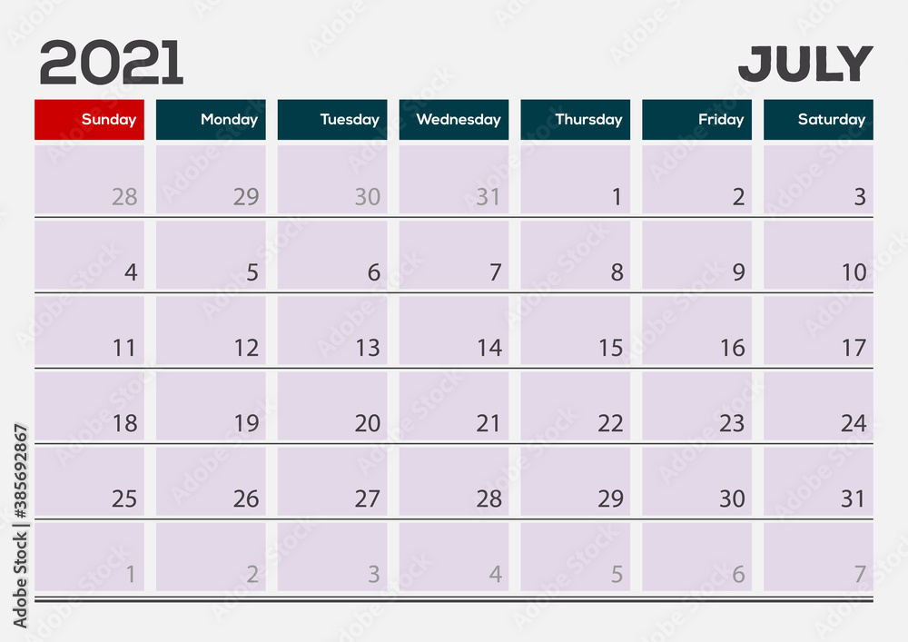 July 2021. Calendar planner design template. Week starts on Sunday July 2021. Calendar planner design template. Week starts on Sunday