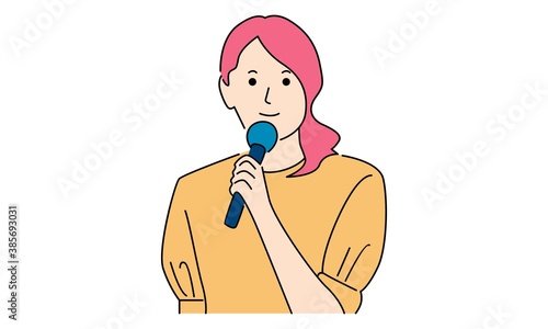 Woman talk using a mic. Vector cartoon illustration