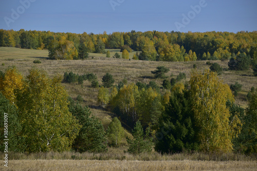 Autumn colors of the Ural forest and agricultural fields. Dry and warm autumn in the foothills of the Western Urals.