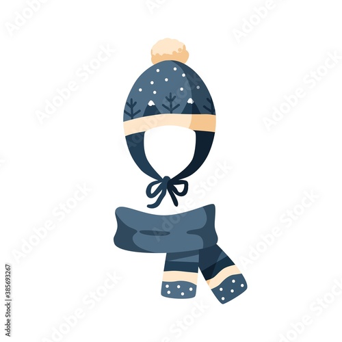 Ornamented knitted childish earflap hat and scarf. Winter chullo with pompom for children. Flat vector cartoon illustration of warm seasonal headdress for kids isolated on white background