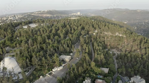 Mount Herzl Cemetery Aerial View
Drone view over Jerusalem,With pine forest, Israel's national cemetery
 photo