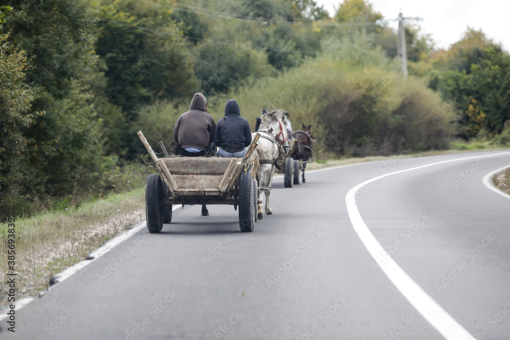 Fototapeta premium Roma people drive a horse drawn cart on a public road.