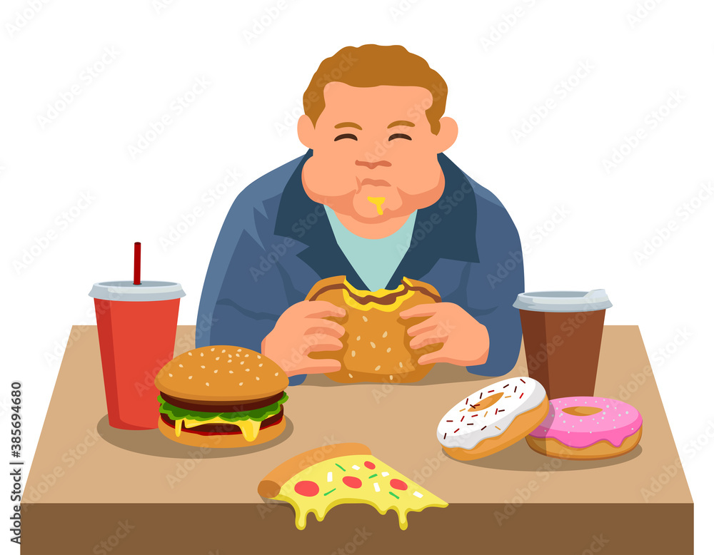 Fat boy eating junk food. Unhealthy food vector illustration Fat boy eating junk food. Unhealthy food vector illustration