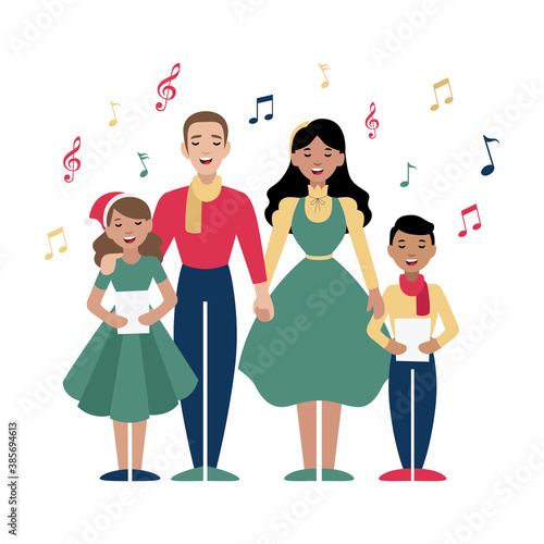 Family Christmas Carol - Vector illustration of a family choir simple art design for holiday