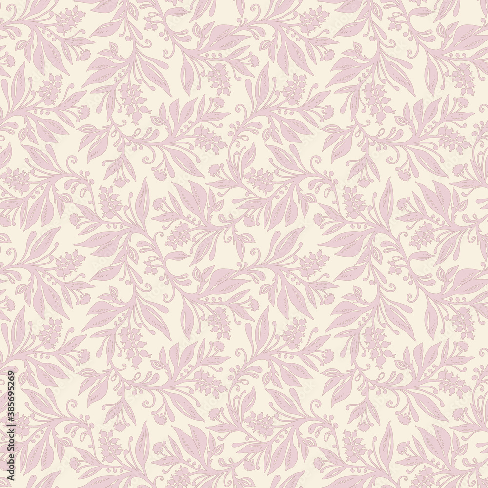 Fototapeta premium Floral seamless pattern with leaves and berries in cream and pink colors, hand-drawn and digitized. Design for wallpaper, textile, fabric, wrapping, background.