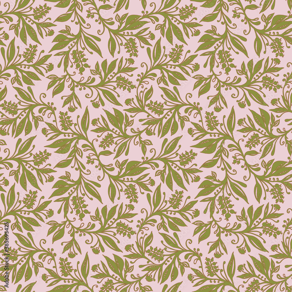 Floral seamless pattern with leaves and berries in chartreuse green, pink colors, hand-drawn and digitized. Design for wallpaper, textile, fabric, wrapping, background. Floral seamless pattern with leaves and berries in chartreuse green, pink colors, hand-drawn and digitized. Design for wallpaper, textile, fabric, wrapping, background.