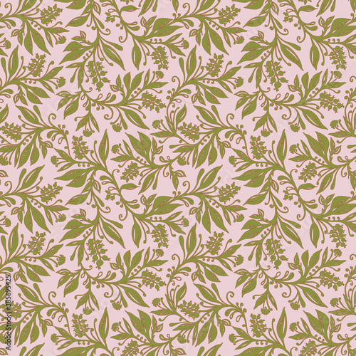 Floral seamless pattern with leaves and berries in chartreuse green, pink colors, hand-drawn and digitized. Design for wallpaper, textile, fabric, wrapping, background.