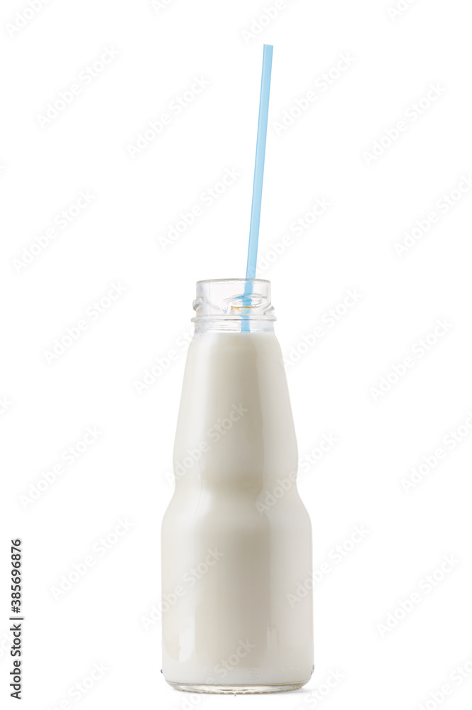 Glass cup of milk with a straw isolated on white Glass cup of milk with a straw isolated on white