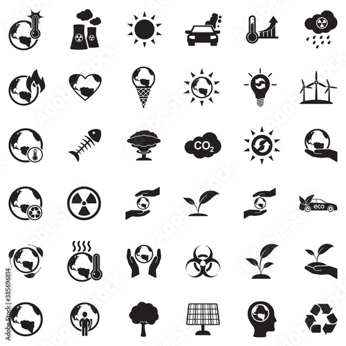 Global Warming Icons. Black Flat Design. Vector Illustration.